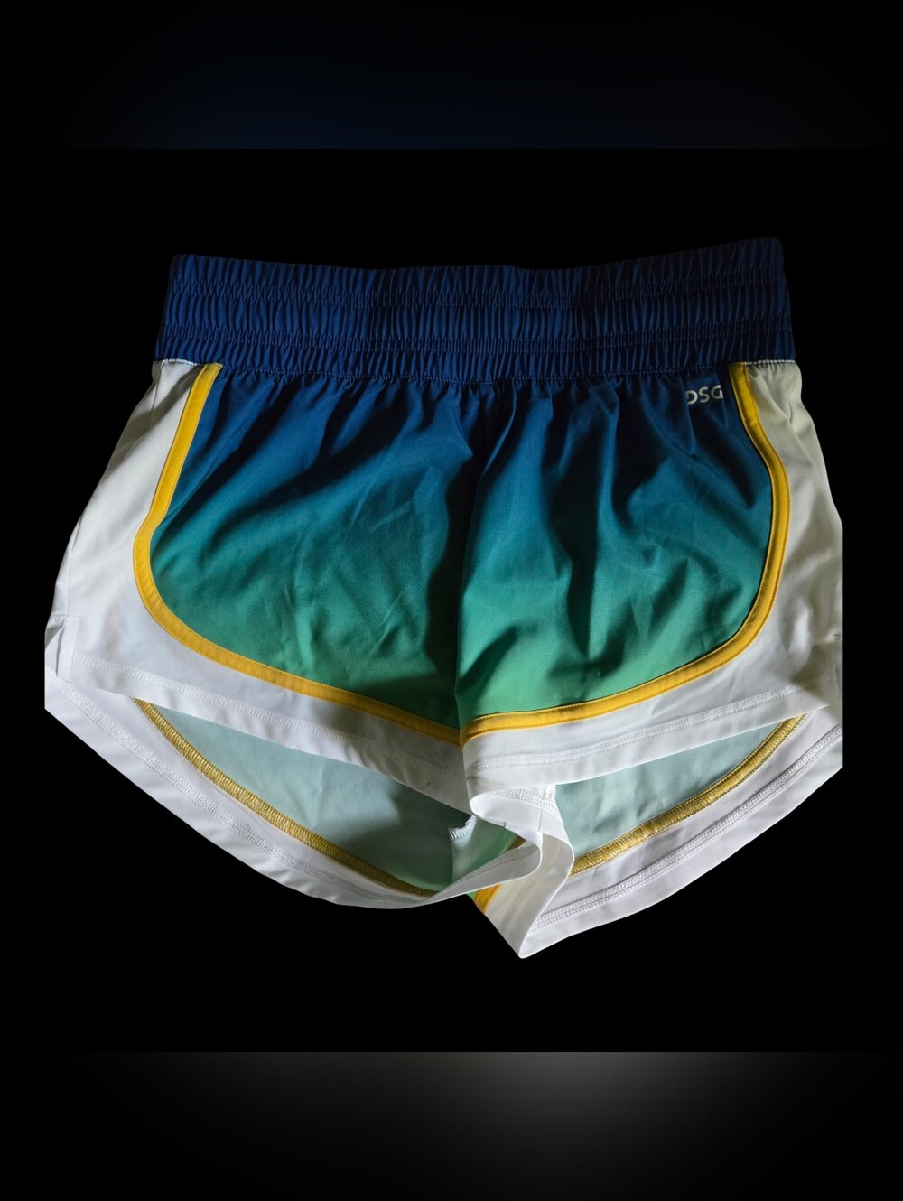 DSG Woman's Blue to Green Ombre Lined Athletic Shorts White & Yellow Trim Small